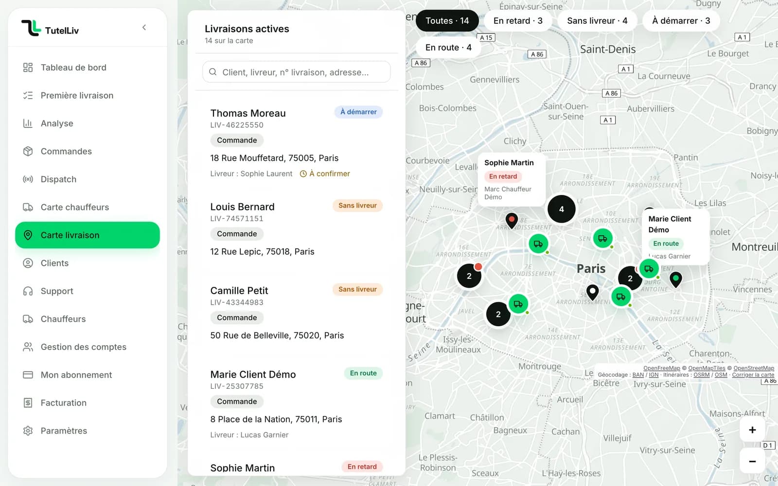 Carte des livraisons TutelLiv : liste des livraisons actives par client et adresse, statuts, et livreurs positionnés sur Paris.